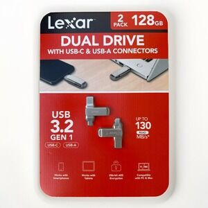 Lexar 128GB 2-in-1 Dual Flash Drive USB-C and USB-A,  Mac-Android- PC– 2 PACK